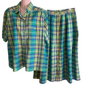 Vintage Majestic Specialties Shirt Skirt Set Womens 14 Plaid 90s Pockets Matchin
